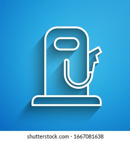 White line Petrol or gas station icon isolated on blue background. Car fuel symbol. Gasoline pump. Long shadow. Vector Illustration