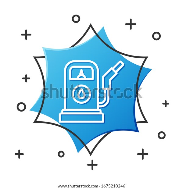 White line Petrol or Gas station icon\
isolated on white background. Car fuel symbol. Gasoline pump. Blue\
hexagon button. Vector\
Illustration