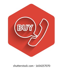 White line Phone and speech bubble with text Buy icon isolated with long shadow. Online buying symbol. Supermarket basket symbol. Red hexagon button. Vector Illustration