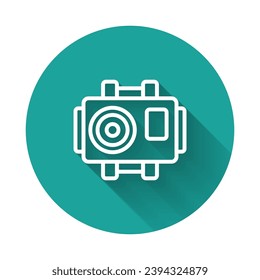 White line Photo camera for diver icon isolated with long shadow background. Foto camera icon. Diving underwater equipment. Green circle button. Vector