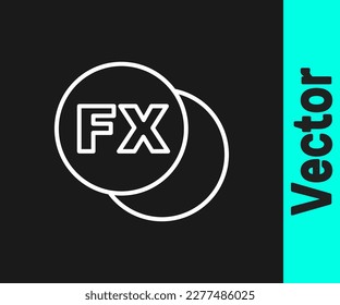 White line Photo camera fx icon isolated on black background. Foto camera. Digital photography.  Vector