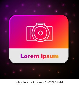 White line Photo camera icon isolated on black background. Foto camera icon. Rectangle color button. Vector Illustration