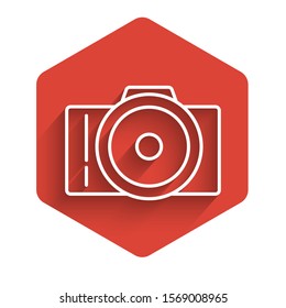 White line Photo camera icon isolated with long shadow. Foto camera icon. Red hexagon button. Vector Illustration