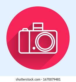 White line Photo camera icon isolated with long shadow. Foto camera icon. Red circle button. Vector Illustration