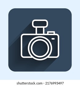 White line Photo camera icon isolated with long shadow background. Foto camera. Digital photography. Blue square button. Vector