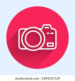 White line Photo camera icon isolated with long shadow. Foto camera. Digital photography. Red circle button. Vector