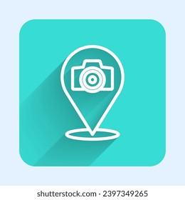 White line Photo camera icon isolated with long shadow. Foto camera. Digital photography. Green square button. Vector