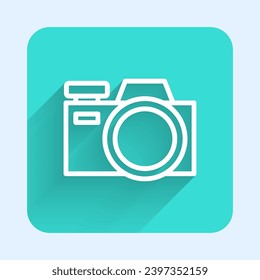 White line Photo camera icon isolated with long shadow. Foto camera icon. Green square button. Vector