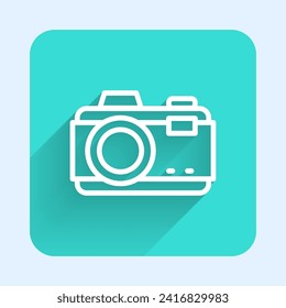 White line Photo camera icon isolated with long shadow background. Foto camera. Digital photography. Green square button. Vector