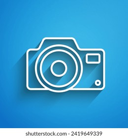 White line Photo camera icon isolated on blue background. Foto camera icon. Long shadow. Vector