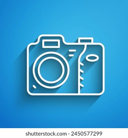 White line Photo camera icon isolated on blue background. Foto camera icon. Long shadow. Vector