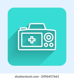 White line Photo camera icon isolated with long shadow. Foto camera. Digital photography. Green square button. Vector