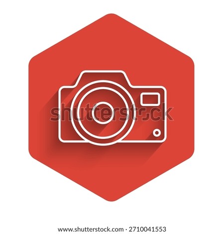 White line Photo camera icon isolated with long shadow. Foto camera icon. Red hexagon button. Vector