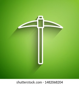 White line Pickaxe icon isolated on green background. Blockchain technology, cryptocurrency mining, bitcoin, digital money market, cryptocoin wallet.  Vector Illustration