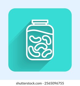 White line Pickled cucumbers in a jar icon isolated with long shadow. Green square button. Vector Illustration