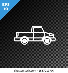 White line Pickup truck icon isolated on transparent dark background.  Vector Illustration