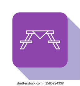 White line Picnic table with benches on either side of the table icon isolated on white background. Purple square button. Vector Illustration