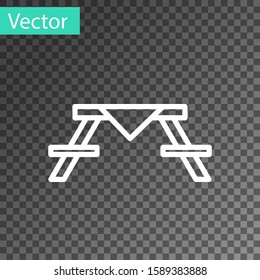 White line Picnic table with benches on either side of the table icon isolated on transparent background.  Vector Illustration