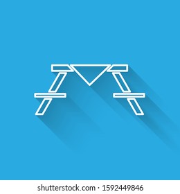 White line Picnic table with benches on either side of the table icon isolated with long shadow.  Vector Illustration