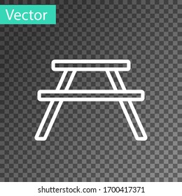 White line Picnic table with benches on either side of the table icon isolated on transparent background. Vector Illustration