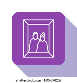 White line Picture frame on table icon isolated on white background. Valentines Day symbol. Purple square button. Vector Illustration