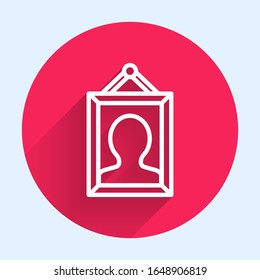 White line Picture icon isolated with long shadow. Red circle button. Vector Illustration
