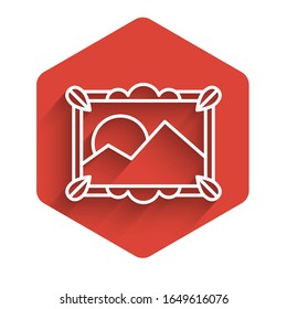 White line Picture landscape icon isolated with long shadow. Red hexagon button. Vector Illustration
