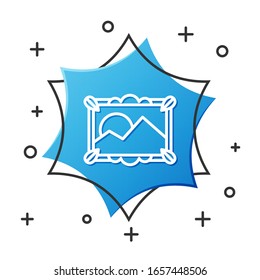White line Picture landscape icon isolated on white background. Blue hexagon button. Vector Illustration