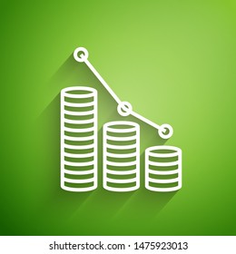 White line Pie chart infographic and coin icon isolated on green background. Diagram chart sign.   Vector Illustration