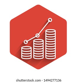 White line Pie chart infographic and coin icon isolated with long shadow. Diagram chart sign.  Red hexagon button. Vector Illustration