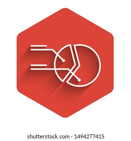 White line Pie chart infographic icon isolated with long shadow. Diagram chart sign.  Red hexagon button. Vector Illustration