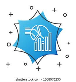 White line Pie chart infographic icon isolated on white background. Diagram chart sign.  Blue hexagon button. Vector Illustration