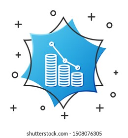 White line Pie chart infographic and coin icon isolated on white background. Diagram chart sign.  Blue hexagon button. Vector Illustration
