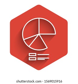 White line Pie chart infographic icon isolated with long shadow. Diagram chart sign. Red hexagon button. Vector Illustration
