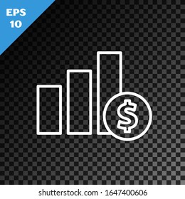 White line Pie chart infographic and dollar symbol icon isolated on transparent dark background. Diagram chart sign.  Vector Illustration