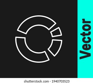 Icono de infografía de gráfico circular de línea blanca aislado en fondo negro. Signo de diagrama de diagrama.  Vector