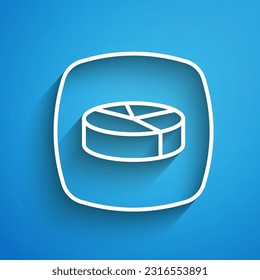 White line Pie chart infographic icon isolated on blue background. Diagram chart sign. Long shadow. Vector
