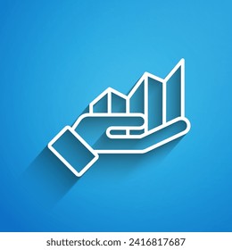 Weiße Linie Pie Diagramm Infografik Symbol einzeln auf blauem Hintergrund. Diagramm Diagramm Diagramm Zeichen. Lang Schatten. Vektorgrafik