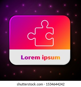 White line Piece of puzzle icon isolated on black background. Modern flat, business, marketing, finance, internet concept. Rectangle color button. Vector Illustration