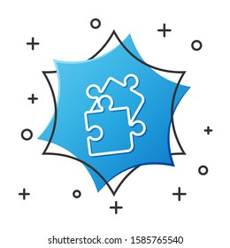 White line Piece of puzzle icon isolated on white background. Business, marketing, finance, template, layout, infographics, internet concept. Blue hexagon button. Vector Illustration