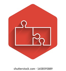 White line Piece of puzzle icon isolated with long shadow. Modern flat, business, marketing, finance, internet concept. Red hexagon button. Vector Illustration