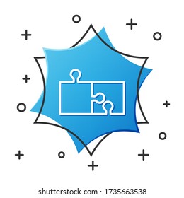White line Piece of puzzle icon isolated on white background. Modern flat, business, marketing, finance, internet concept. Blue hexagon button. Vector Illustration