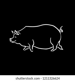  White line pig drawing. Vector sketch at black background. Chalk drawing style.