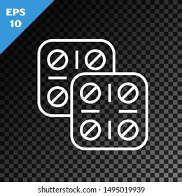 White line Pills in blister pack icon isolated on transparent dark background. Medical drug package for tablet: vitamin, antibiotic, aspirin.  Vector Illustration
