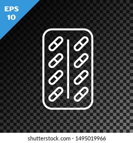 White line Pills in blister pack icon isolated on transparent dark background. Medical drug package for tablet: vitamin, antibiotic, aspirin.  Vector Illustration