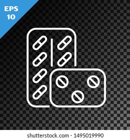 White line Pills in blister pack icon isolated on transparent dark background. Medical drug package for tablet: vitamin, antibiotic, aspirin.  Vector Illustration