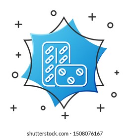 White line Pills in blister pack icon isolated on white background. Medical drug package for tablet: vitamin, antibiotic, aspirin. Blue hexagon button. Vector Illustration