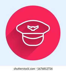 White line Pilot hat icon isolated with long shadow. Red circle button. Vector Illustration