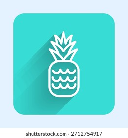 White line Pineapple tropical fruit icon isolated with long shadow. Green square button. Vector