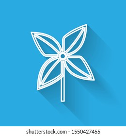 White line Pinwheel icon isolated with long shadow. Windmill toy icon.  Vector Illustration